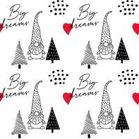 Seamless pattern with a cute hand drawn gnome and a Christmas tree. vector
