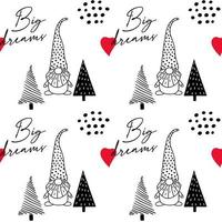 Seamless pattern with a cute hand drawn gnome and a Christmas tree. vector