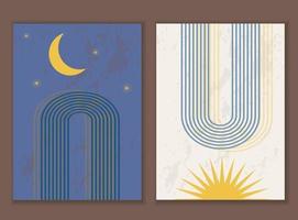 Set of minimalist abstract print with rainbow and moon and sunrise. vector