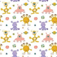 Seamless pattern of alien cute monsters and various planets and galactic stars. vector