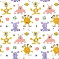 Seamless pattern of alien cute monsters and various planets and galactic stars. vector