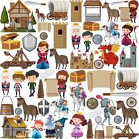 Medieval characters buildings set vector