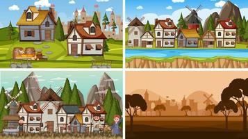 Set of different scene medieval with silhouette vector