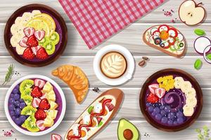 Top view Acai food bowl and placemat on wood table vector