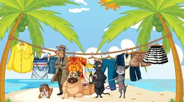 conjunto de diferentes animales domésticos en la escena de la playa vector