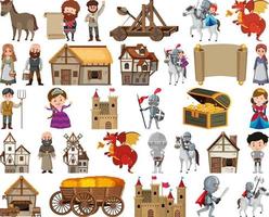 Medieval characters buildings set vector