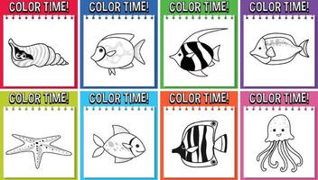 A set of Worksheets template with color time text and fish outline vector