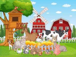 escena de la granja con muchos animales junto al granero vector
