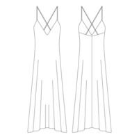 Template long lingerie dress cross back deep v-neck vector illustration flat design outline clothing