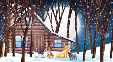 Set of different domestic animals with snow in forest vector