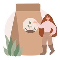 woman stands and points with her hand at the fertilizer of plants, soil for plants. vector