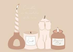 beautiful aesthetic candle, lit, an element of decor and comfort for the home, on a beige background. vector
