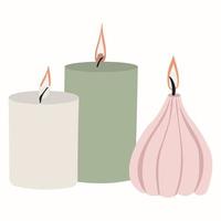 bellas velas estéticas, encendidas, un elemento de decoración y confort para el hogar vector