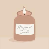 beautiful aesthetic candle, lit, an element of decor and comfort for the home, on a beige background. vector