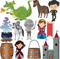 Medieval characters buildings set vector