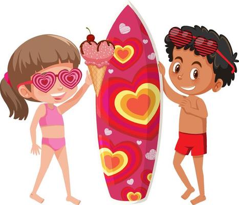 Two kids in swimsuit standing with surfboard