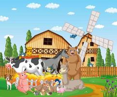 Farm scene with many animals by the barn vector