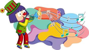 Clown blowing trumpet with music notes on white background vector