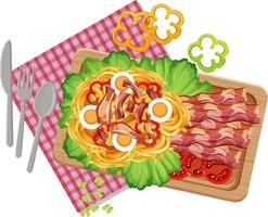 Top view of breakfast on wooden tray vector