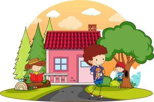 A simple house with kids in nature background vector