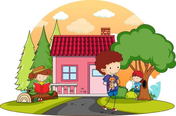 A simple house with kids in nature background