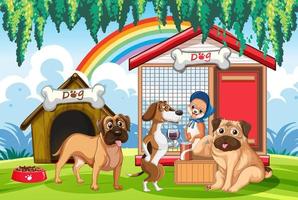 A group of different dog do various activities in the park vector