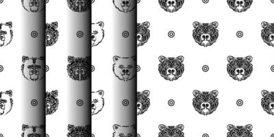 Set of black-white seamless pattern with bear face. Good for backgrounds, prints, apparel and textiles. Vector illustration.