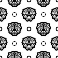 Black and white Seamless pattern with tiger face in Polynesian style. Good for clothing and textiles. Vector illustration.