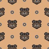 Polynesian style tiger face seamless pattern. Boho tiger face. Good for backgrounds and prints. Vector