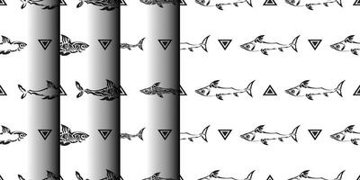 Set of Seamless black and white pattern with sharks. Good for menus, postcards, books, murals and fabrics. Vector