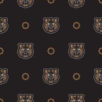 Seamless pattern with tiger face in colored boho style. Polynesian style tiger face. Good for backgrounds and prints. Vector illustration.