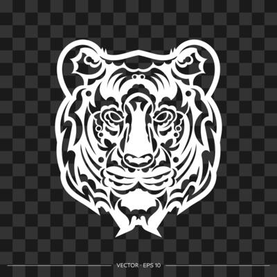 The lion's face is made up of patterns. Tiger head print. illustration.