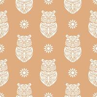 Simple owl seamless pattern in boho style. Good for backgrounds, prints, apparel and textiles. Vector illustration.