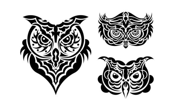 Set of Owl Faces print. Polynesia and Maori patterns. Good for t-shirts, cups, phone cases and more. Vector