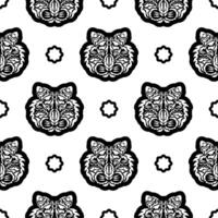 Black and white Seamless pattern with tiger face in Polynesian style. Good for garments, textiles, backgrounds and prints. Vector illustration.