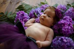 retrato de una niña linda. el bebé yace en los colores de la hortensia morada foto