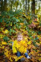 happy little girl laughs and plays outdoors. On the neck there is a necklace of autumn leaves. photo