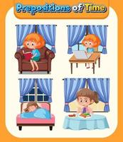 Prepostion wordcard design with girl in different time of day vector