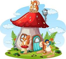 Scene with squirrels at mushroom house vector