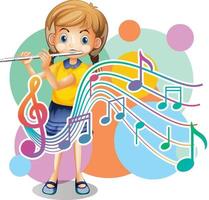 A little girl blowing flute with music notes on white background vector