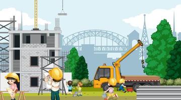 Building house construction site and workers vector