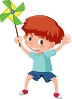 A boy holding paper pinwheel in cartoon style vector