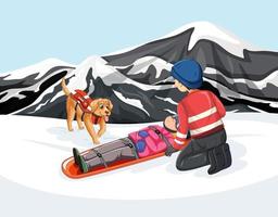 Rescue using stretcher on snow mountain vector