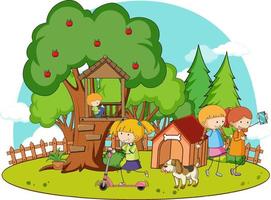 A simple tree house and doghouse with kids in nature background vector