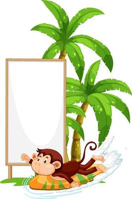 Blank wooden signboard with monkey catoon