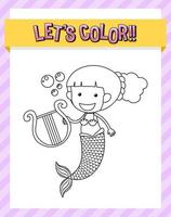 Worksheets template with lets color text and mermaid outline vector