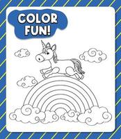 Worksheets template with color time text and Unicorn outline vector