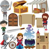 Medieval characters buildings set vector