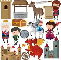 Medieval characters buildings set vector