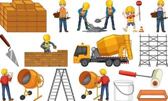 Construction worker set with man and tools vector